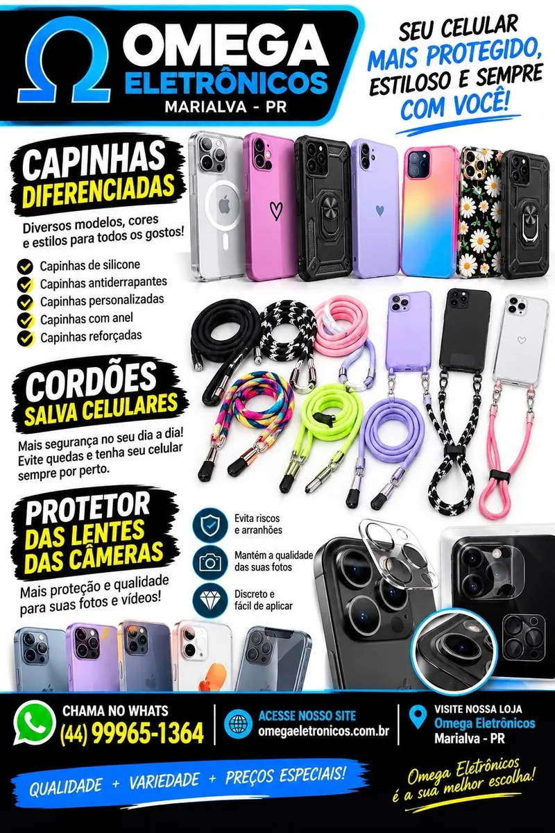 Arte de capinhas da Omega Eletrônicos, Marialva - PR: capinhas de silicone, antiderrapantes, personalizadas, com anel e reforçadas, cordões salva celulares e protetor das lentes das câmeras
