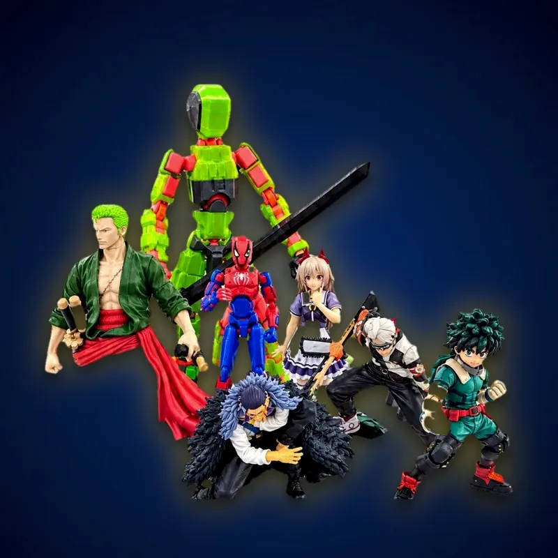 Bonecos 3D articulados: Zoro, Homem-Aranha, um robô articulado e personagens de anime