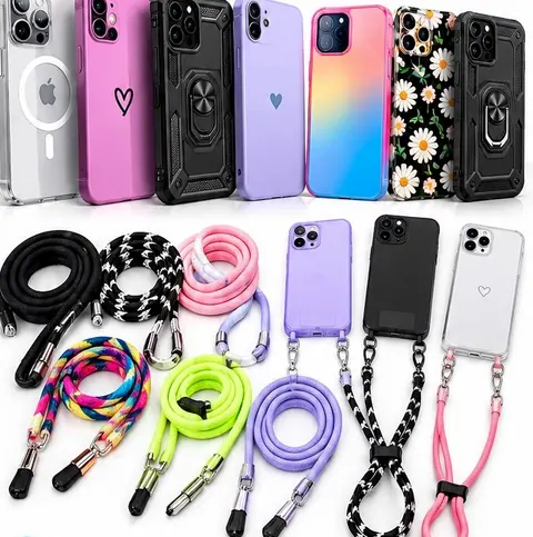 Capinhas coloridas e cordões salva celulares de várias cores