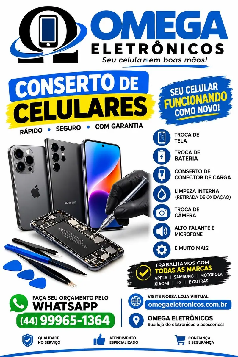 Arte do conserto de celulares da Omega: troca de tela e de bateria, conector de carga, limpeza interna, câmera, alto-falante e microfone, todas as marcas, rápido, seguro e com garantia