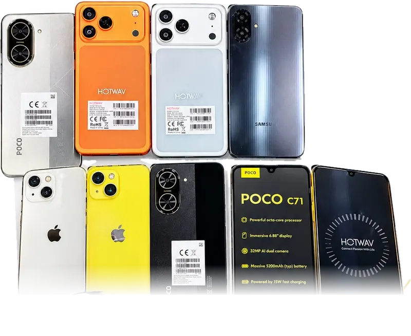 Nove celulares novos e semi novos lado a lado: Poco, Hotwav laranja e branco, Samsung, iPhone branco e amarelo, Poco preto, Poco C71 e Hotwav