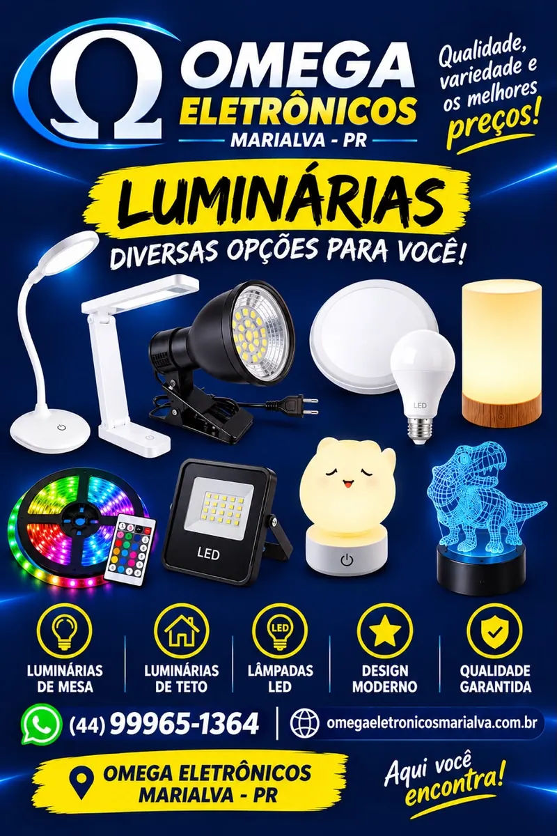 Arte de luminárias da Omega Eletrônicos Marialva, fundo azul escuro: luminárias de mesa, spot com garra, plafon, lâmpada LED, luminária de madeira, fita LED com controle, refletor LED, luz noturna e luminária 3D